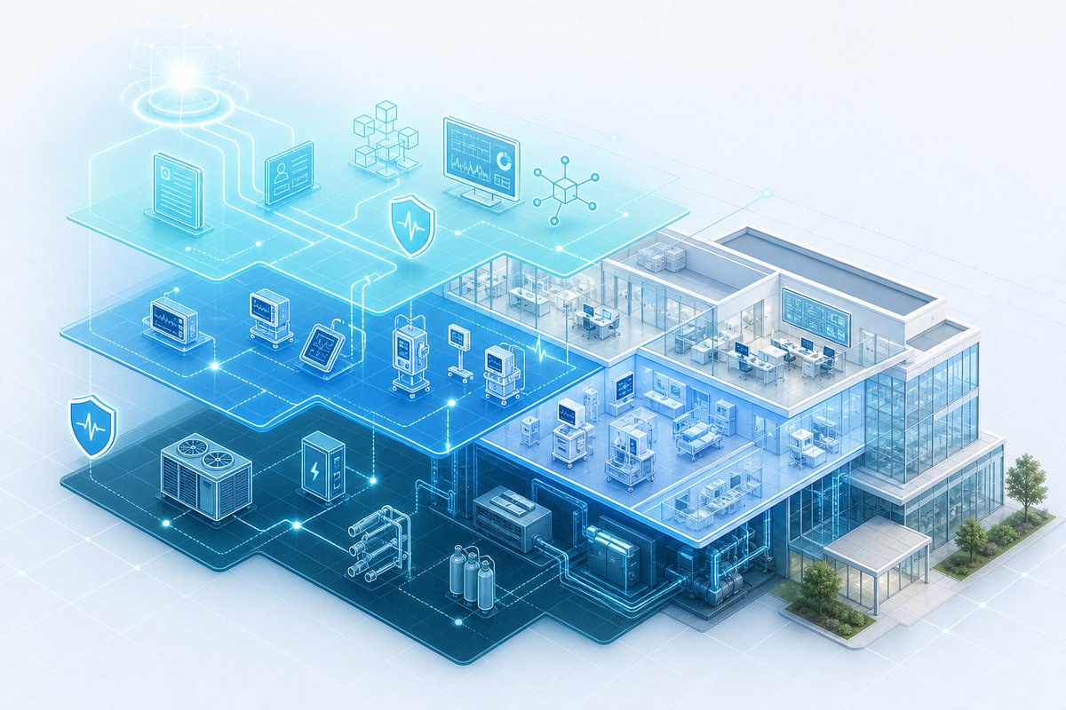 Infografía isométrica de un hospital inteligente: capa digital, equipamiento clínico conectado e infraestructura física — confiabilidad tecnológica e IA en salud