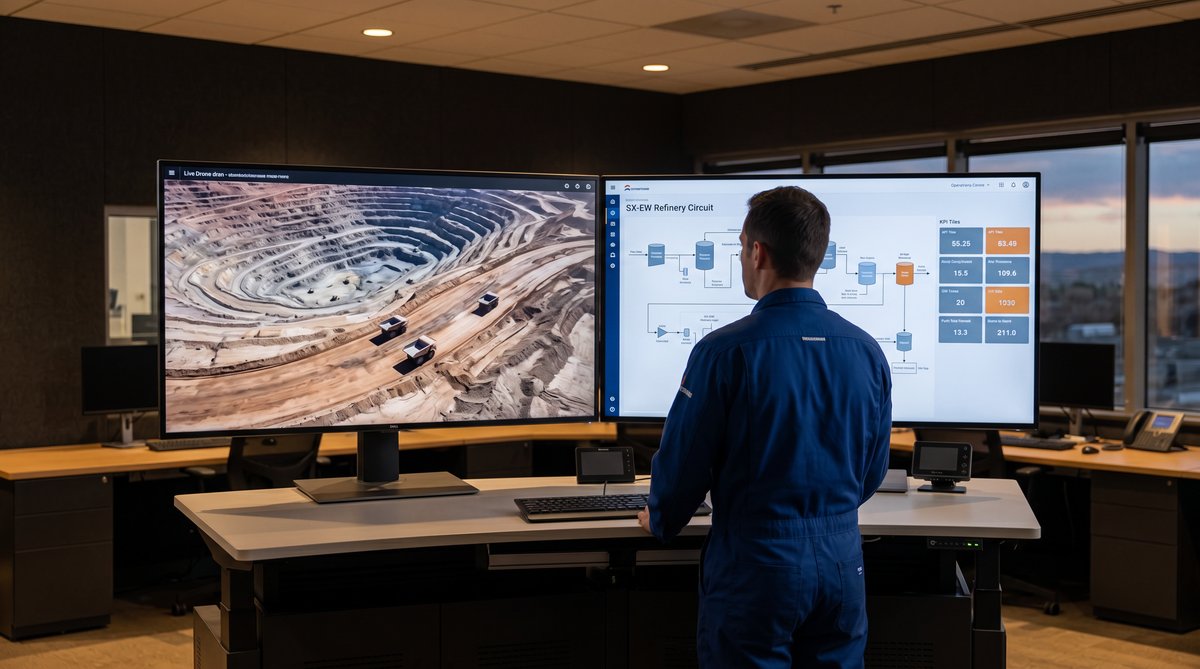 Operador en sala de control minera frente a feed de dron y circuito SX-EW: contraste con la minería software-first de la minera incumbente